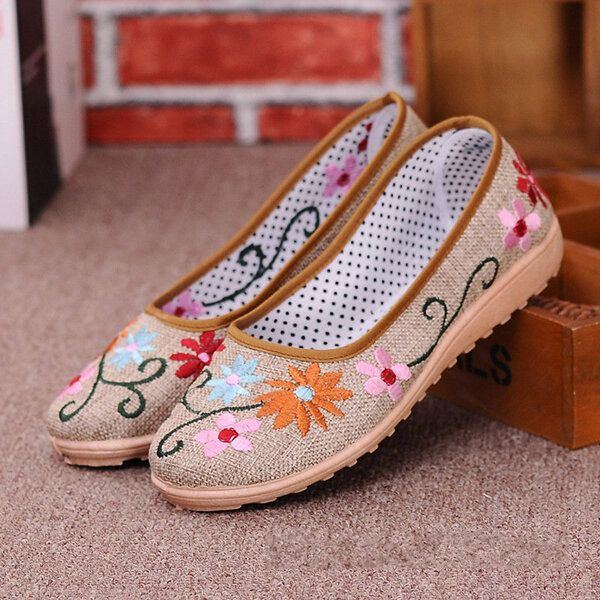 Flache Slipper Im Chinesischen Stil Mit Blumenstickerei Und Weicher Sohle Aus Leinen