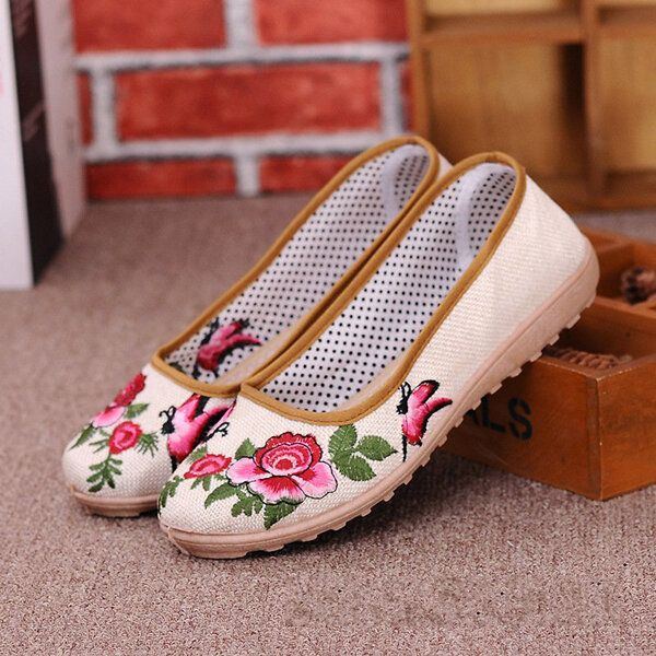 Flache Slipper Im Chinesischen Stil Mit Blumenstickerei Und Weicher Sohle Aus Leinen