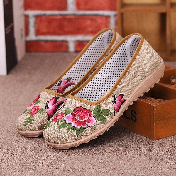 Flache Slipper Im Chinesischen Stil Mit Blumenstickerei Und Weicher Sohle Aus Leinen