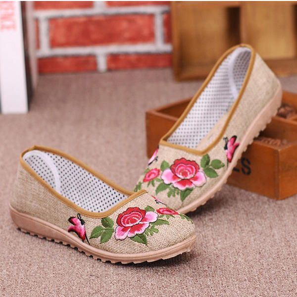 Flache Slipper Im Chinesischen Stil Mit Blumenstickerei Und Weicher Sohle Aus Leinen