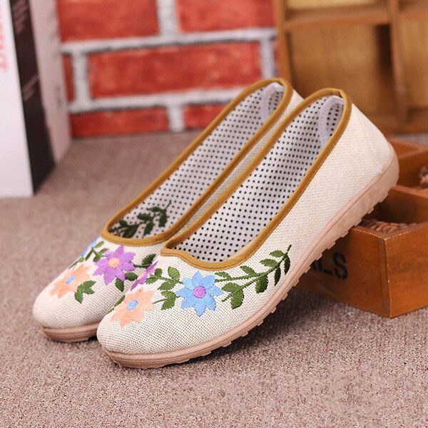 Flache Slipper Im Chinesischen Stil Mit Blumenstickerei Und Weicher Sohle Aus Leinen