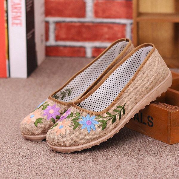 Flache Slipper Im Chinesischen Stil Mit Blumenstickerei Und Weicher Sohle Aus Leinen