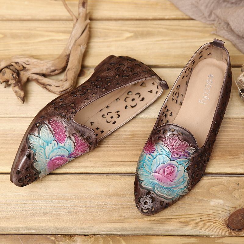 Flacher Eleganter Damen Loafer Aus Echtem Leder Mit Retro Prägung Zarter Pfingstrose Hohlem Blumenmuster