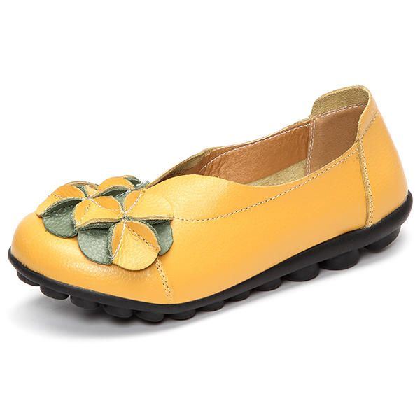 Damen Blumen Flache Schuhe Lässige Outdoor Leder Slipper Mit Runder Zehenpartie