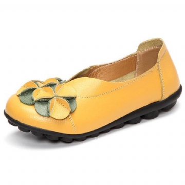 Damen Blumen Flache Schuhe Lässige Outdoor Leder Slipper Mit Runder Zehenpartie