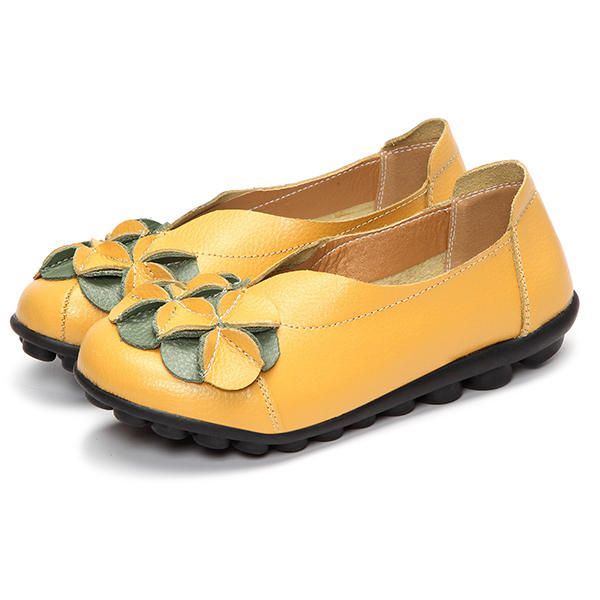 Damen Blumen Flache Schuhe Lässige Outdoor Leder Slipper Mit Runder Zehenpartie