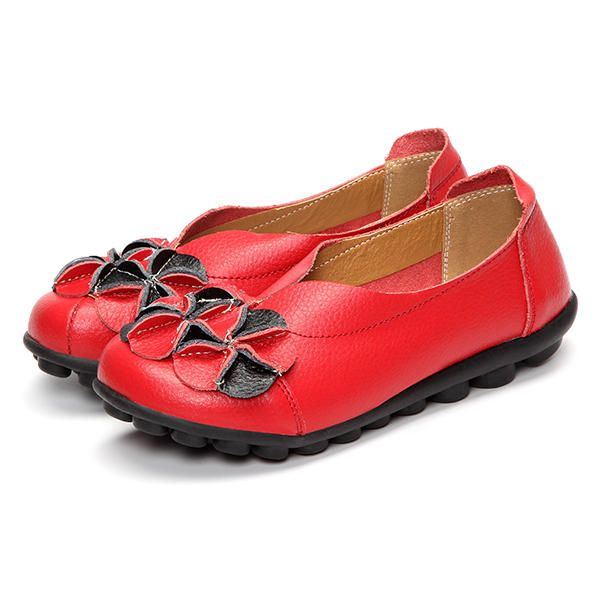 Damen Blumen Flache Schuhe Lässige Outdoor Leder Slipper Mit Runder Zehenpartie