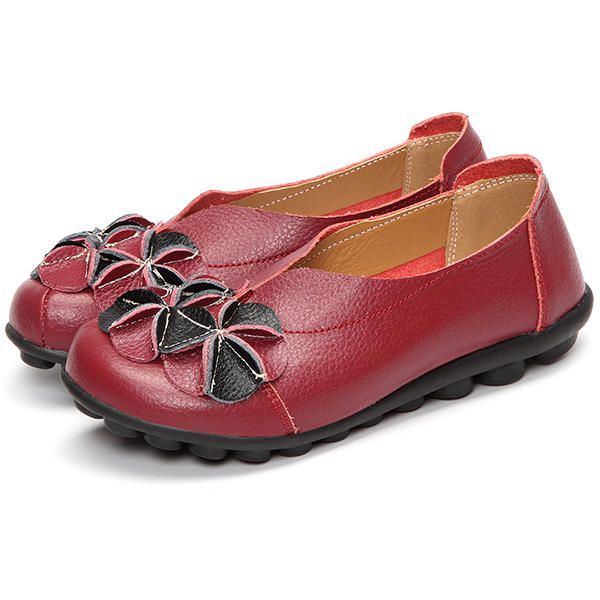 Damen Blumen Flache Schuhe Lässige Outdoor Leder Slipper Mit Runder Zehenpartie