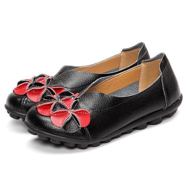 Damen Blumen Flache Schuhe Lässige Outdoor Leder Slipper Mit Runder Zehenpartie