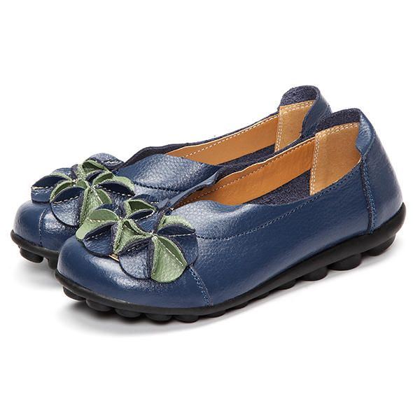 Damen Blumen Flache Schuhe Lässige Outdoor Leder Slipper Mit Runder Zehenpartie