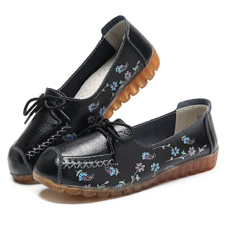 Damen Bowknot Blumen Drucken Bequeme Rutschfeste Weiche Sohle Lässige Leder Müßiggänger