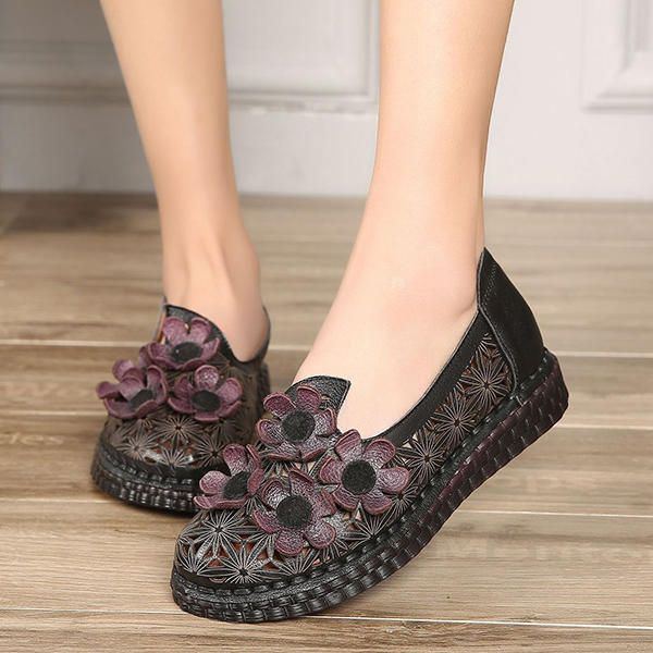 Damen Echtes Leder Retro Handgemachter Schuh Höhlen Heraus Blumen Wohnungen Aus