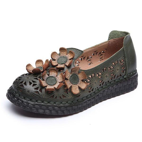 Damen Echtes Leder Retro Handgemachter Schuh Höhlen Heraus Blumen Wohnungen Aus