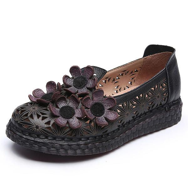 Damen Echtes Leder Retro Handgemachter Schuh Höhlen Heraus Blumen Wohnungen Aus