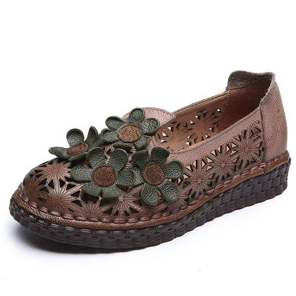 Damen Echtes Leder Retro Handgemachter Schuh Höhlen Heraus Blumen Wohnungen Aus