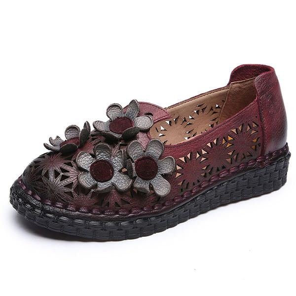 Damen Echtes Leder Retro Handgemachter Schuh Höhlen Heraus Blumen Wohnungen Aus