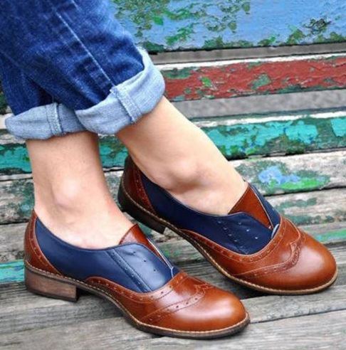 Damen Farbe Splicing Square Heel Round Toe Brogue Oxfords Casual Flats Loafers