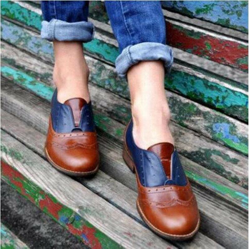 Damen Farbe Splicing Square Heel Round Toe Brogue Oxfords Casual Flats Loafers