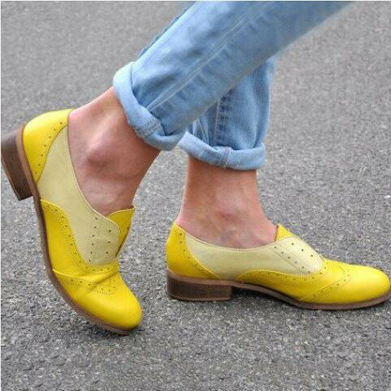 Damen Farbe Splicing Square Heel Round Toe Brogue Oxfords Casual Flats Loafers