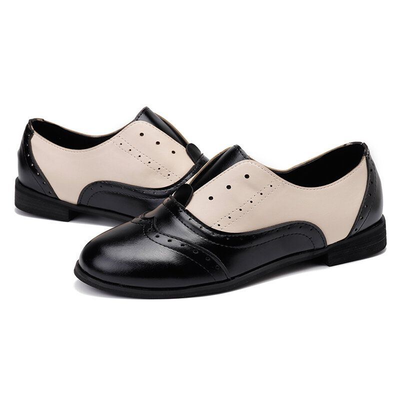 Damen Farbe Splicing Square Heel Round Toe Brogue Oxfords Casual Flats Loafers