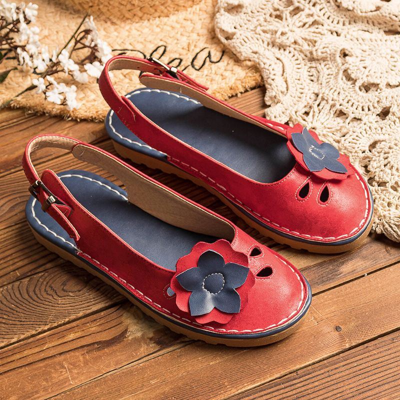 Damen Retro Blumen Dekor Atmungsaktive Casual Slingback Flats Mit Schwarzem Riemen