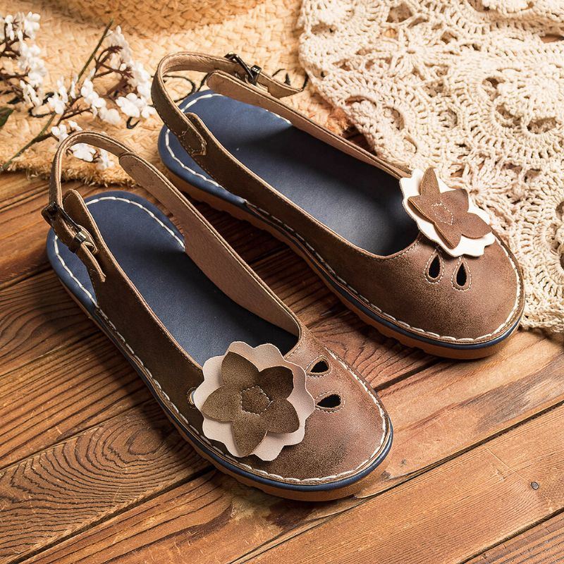 Damen Retro Blumen Dekor Atmungsaktive Casual Slingback Flats Mit Schwarzem Riemen