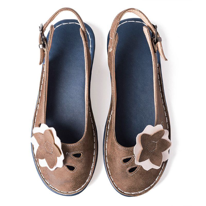 Damen Retro Blumen Dekor Atmungsaktive Casual Slingback Flats Mit Schwarzem Riemen