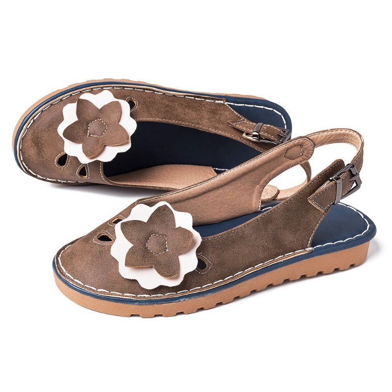 Damen Retro Blumen Dekor Atmungsaktive Casual Slingback Flats Mit Schwarzem Riemen