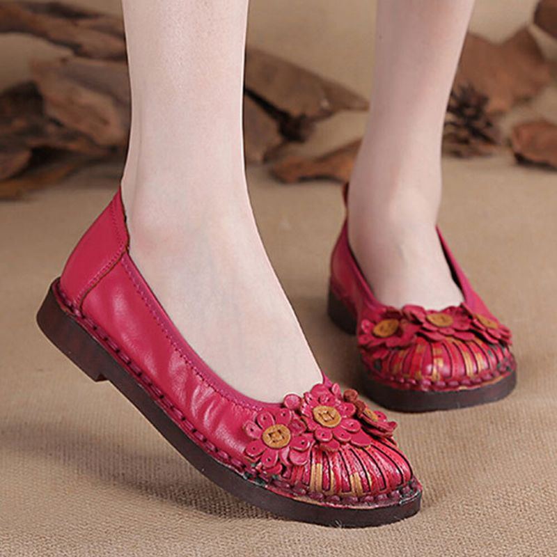 Damen Retro Blumen Dekor Handgemachtes Nähen Non Slp Soft Sole Loafers