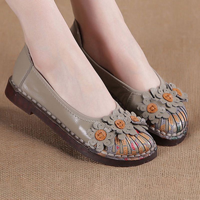 Damen Retro Blumen Dekor Handgemachtes Nähen Non Slp Soft Sole Loafers