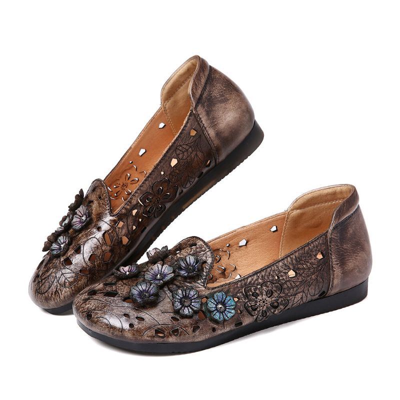 Damen Retro Blumen Muster Echtes Leder Das Hohle Flache Schuhe Mit Weicher Sohle Verstärkt