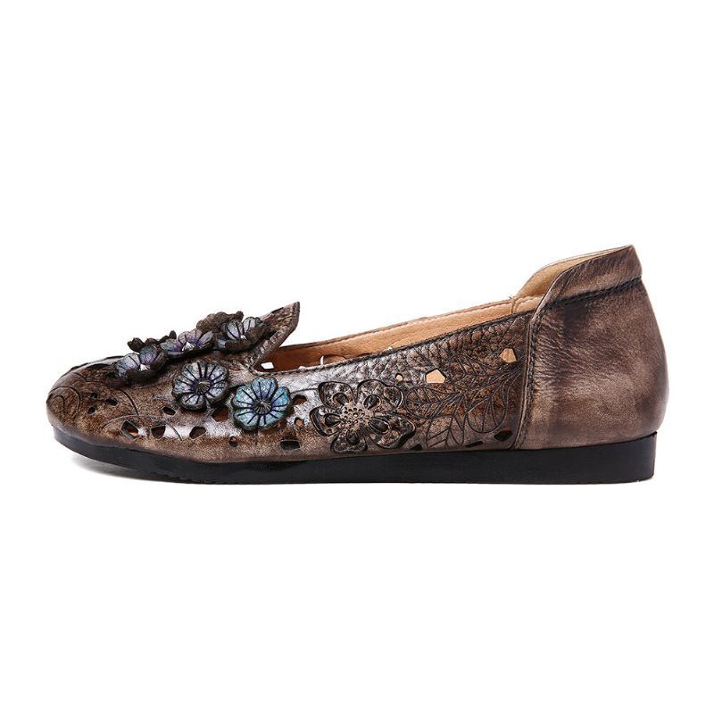 Damen Retro Blumen Muster Echtes Leder Das Hohle Flache Schuhe Mit Weicher Sohle Verstärkt