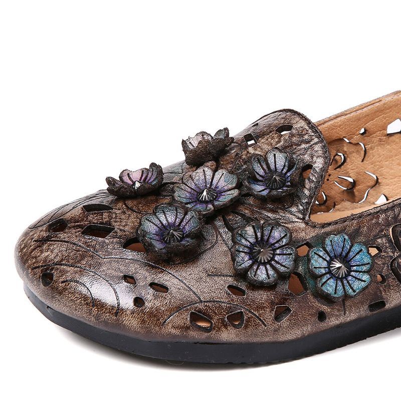 Damen Retro Blumen Muster Echtes Leder Das Hohle Flache Schuhe Mit Weicher Sohle Verstärkt