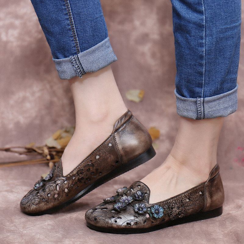 Damen Retro Blumen Muster Echtes Leder Das Hohle Flache Schuhe Mit Weicher Sohle Verstärkt