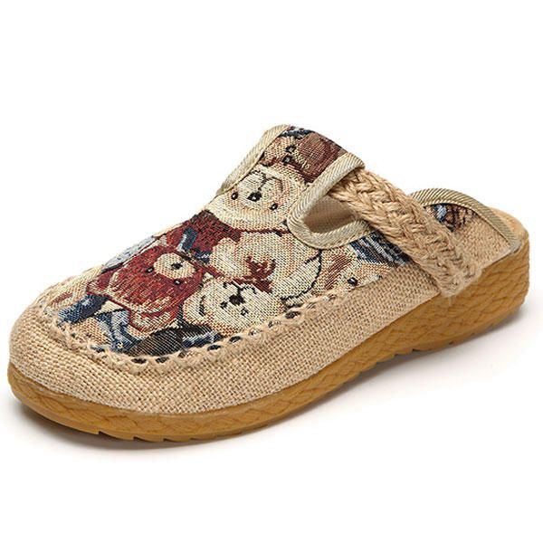 Damen Wohnungen Cartoon Flachs Outdoor Stickerei Pantoffel