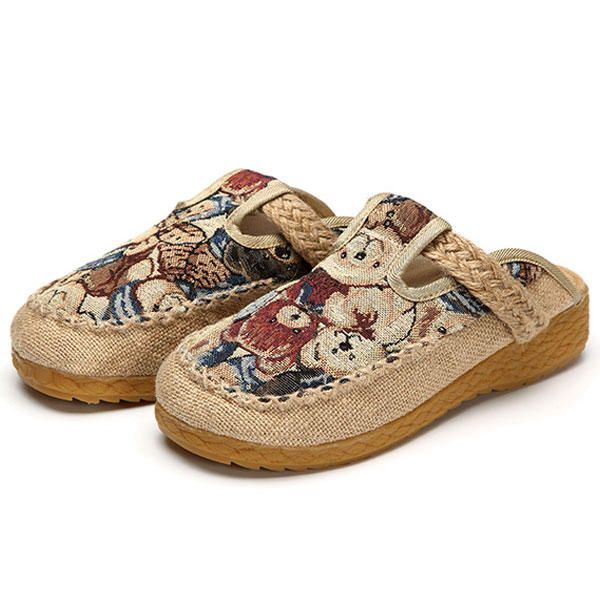 Damen Wohnungen Cartoon Flachs Outdoor Stickerei Pantoffel