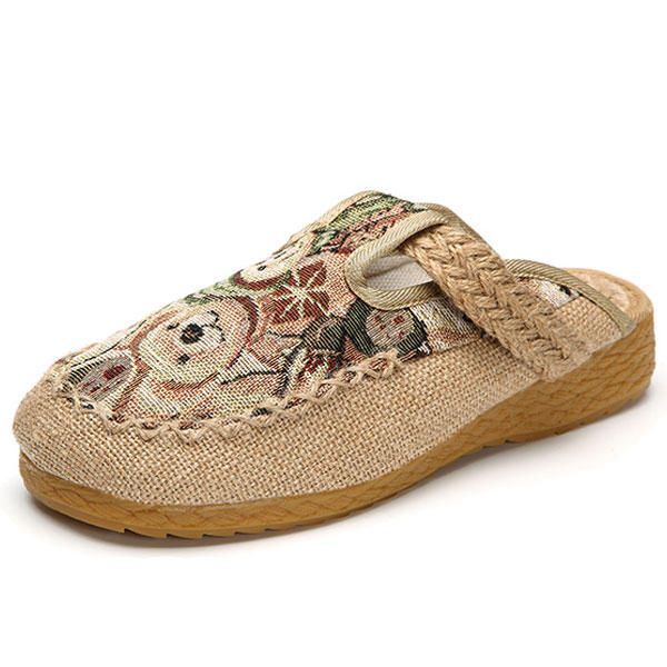 Damen Wohnungen Cartoon Flachs Outdoor Stickerei Pantoffel