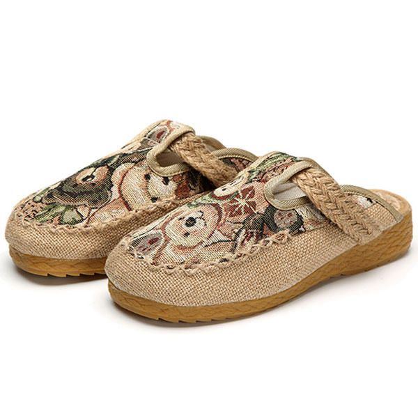 Damen Wohnungen Cartoon Flachs Outdoor Stickerei Pantoffel