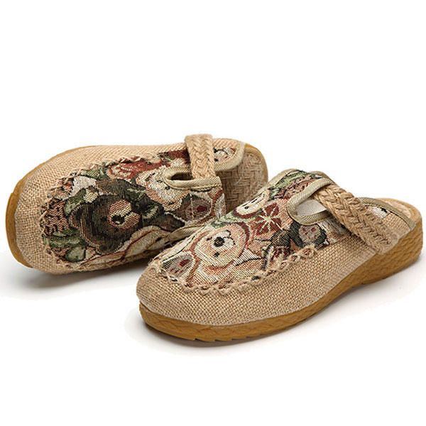 Damen Wohnungen Cartoon Flachs Outdoor Stickerei Pantoffel