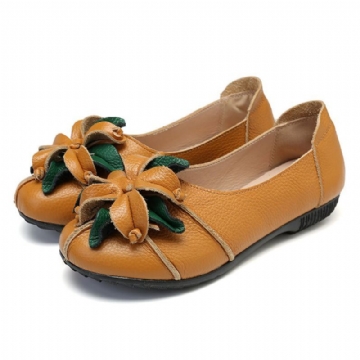 Handgemachte Retro Blumendekor Weiche Flache Lässige Leder Loafer Für Damen