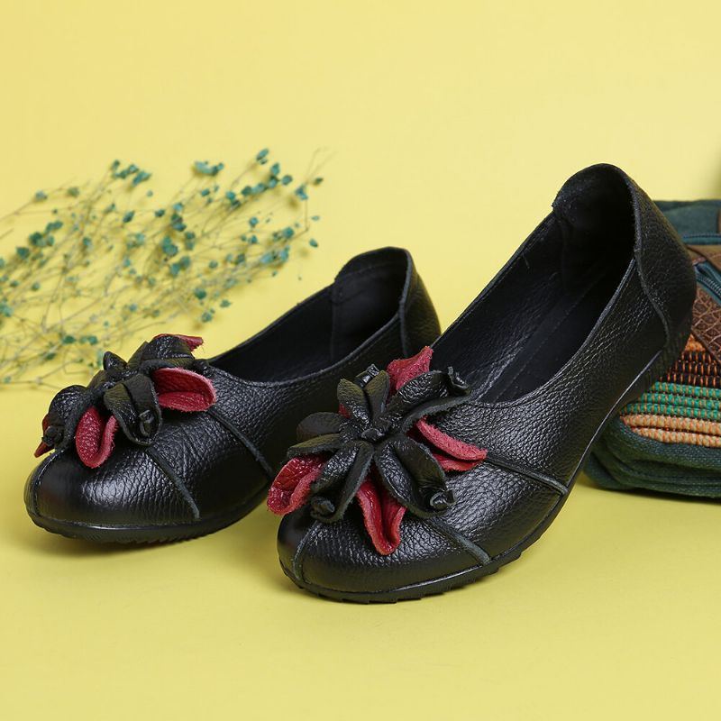 Handgemachte Retro Blumendekor Weiche Flache Lässige Leder Loafer Für Damen