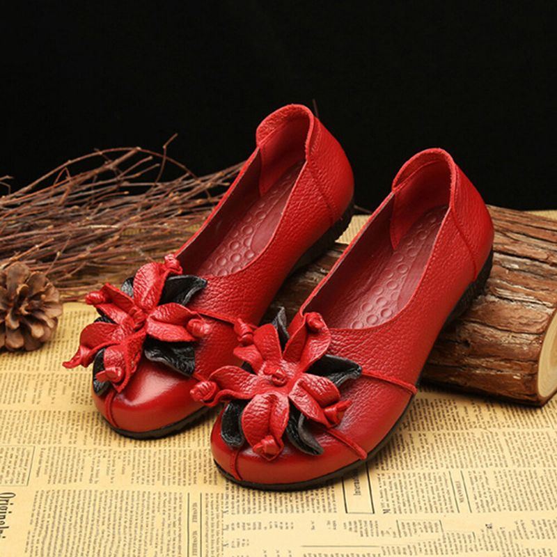 Handgemachte Retro Blumendekor Weiche Flache Lässige Leder Loafer Für Damen