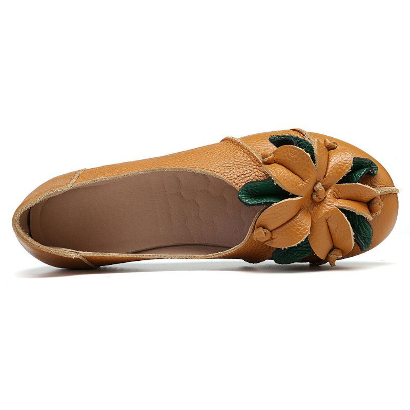 Handgemachte Retro Blumendekor Weiche Flache Lässige Leder Loafer Für Damen