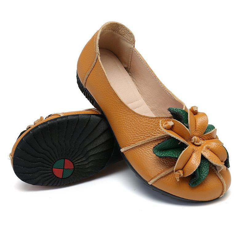 Handgemachte Retro Blumendekor Weiche Flache Lässige Leder Loafer Für Damen