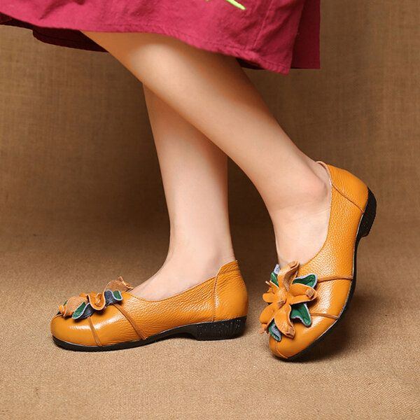 Handgemachte Retro Blumendekor Weiche Flache Lässige Leder Loafer Für Damen