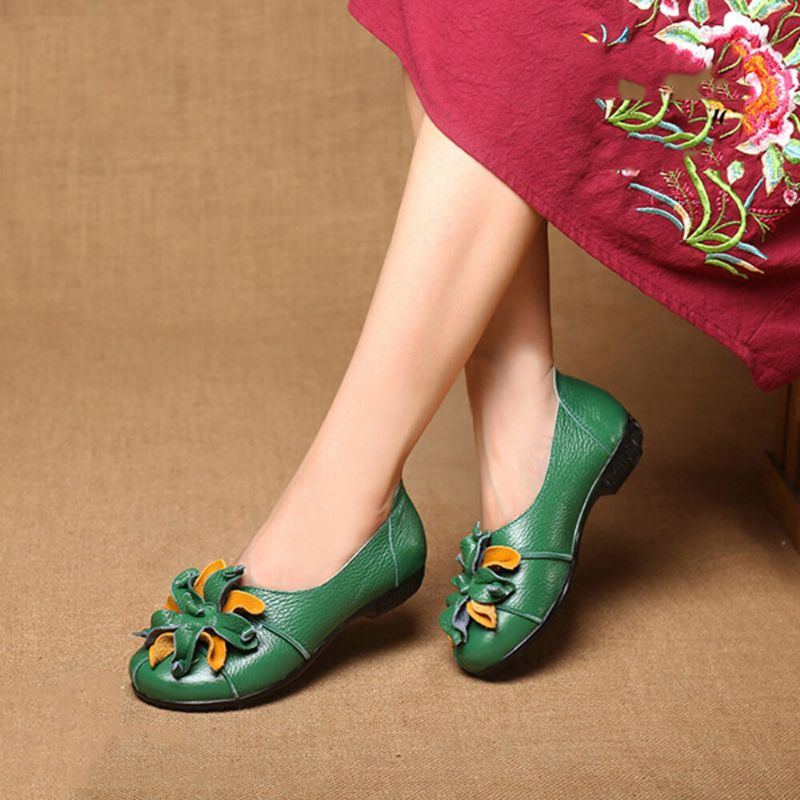 Handgemachte Retro Blumendekor Weiche Flache Lässige Leder Loafer Für Damen