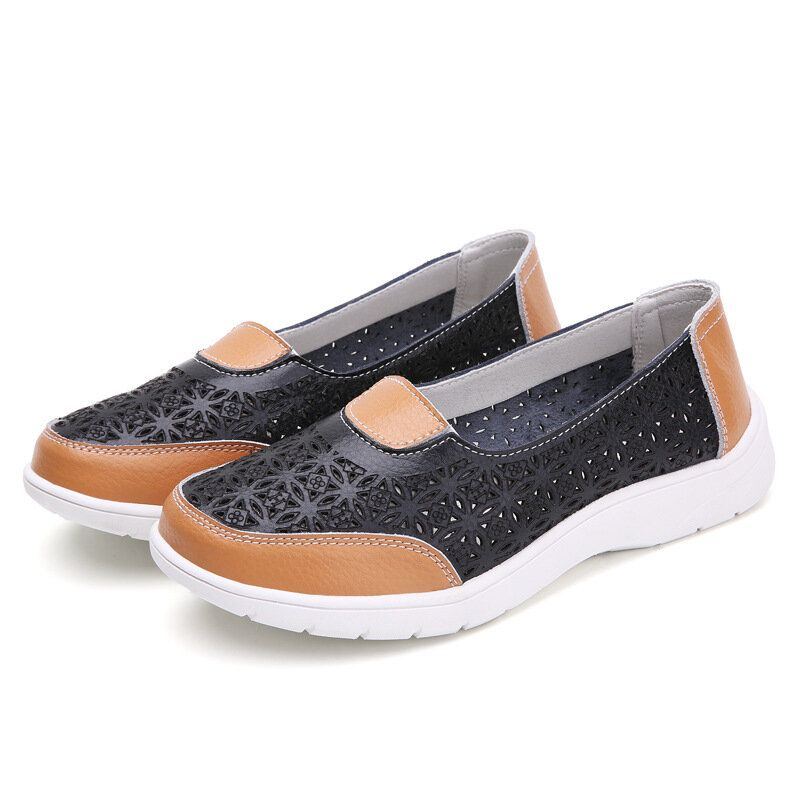 Hohle Damen Leder Slipper Einfarbig Mit Weicher Sohle