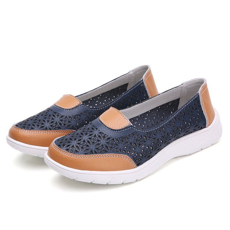 Hohle Damen Leder Slipper Einfarbig Mit Weicher Sohle