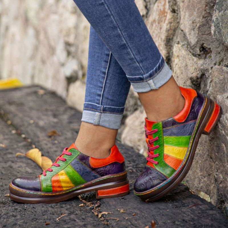 Lässige Loafer Mit Schnürung Und Nähten In Regenbogenfarben Bequeme Lederschuhe Für Damen