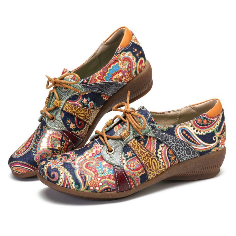 Paisley Retor Floral Splicing Folkways Style Round Toe Schnürschuhe Für Damen